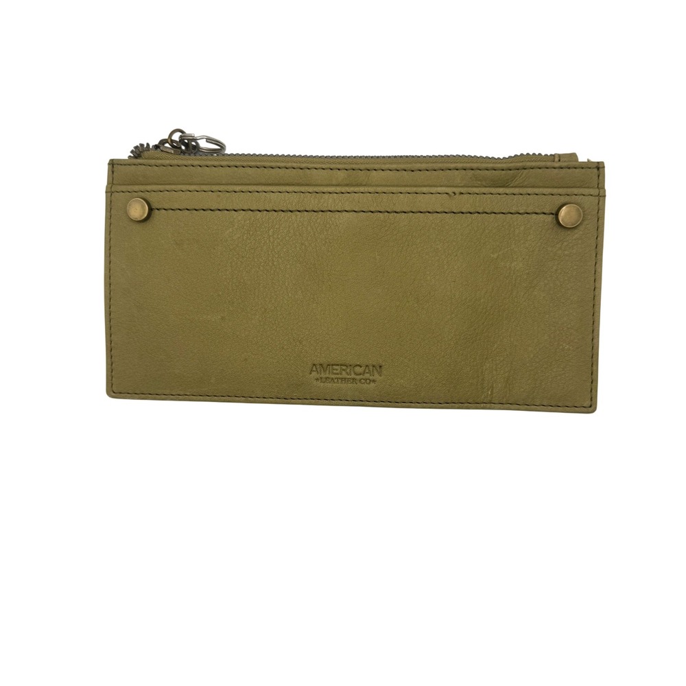 American Leather Co Olive Green Leather Slim Card Case Wallet Zip ID Window Clip